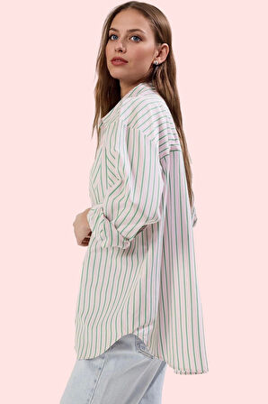 Kadın Çizgili Pamuklu Oversize Gömlek Basic Kalıp Günlük Kullanım Yaz Aylarının Vazgeçilmezi