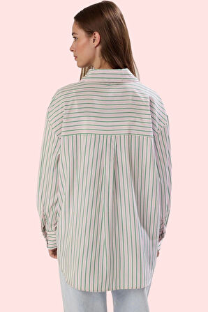 Kadın Çizgili Pamuklu Oversize Gömlek Basic Kalıp Günlük Kullanım Yaz Aylarının Vazgeçilmezi