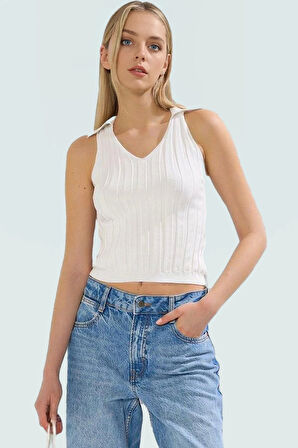 Triko Fitted Crop Bluz Polo Yaka Kolsuz Yazlık Rahat Mükemmel Uyum Dayanıklı Malzeme