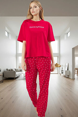 Kadın Pamuklu Kalpli Pijama Takımı Rahat Ev Giyim Seti Şık Görünüm Seçkin Malzeme