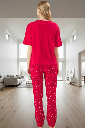 Kadın Pamuklu Kalpli Pijama Takımı Rahat Ev Giyim Seti Şık Görünüm Seçkin Malzeme