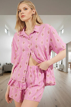 Kadın Şortlu Pijama Takımı Etnik Desen Viskon Yazlık Rahat Şık Görünüm Özenle Seçilmiş Özel Tasarım
