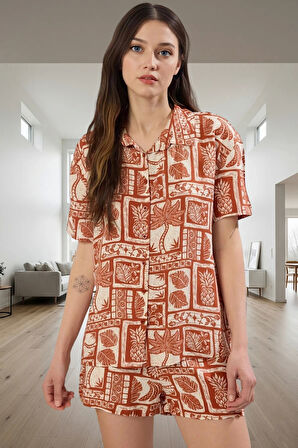 Kadın Tarçın Etnik Desenli Shally Pijama Takımı Rahat Yazlık Ev Giyim Seti Trend Tasarım Seçkin Malzeme