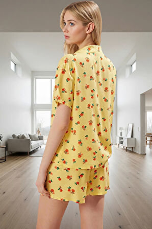 Kadın Çiçekli Viskon Pijama Takımı Kısa Kollu Gömlek ve Şort Yazlık Rahat Uyku Seti Uzun Ömürlü