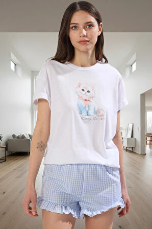 Kadın Pamuklu Pötikare Desenli Fırfırlı Pijama Takımı Mükemmel Uyum Zarif Tasarım Yüksek Kalite