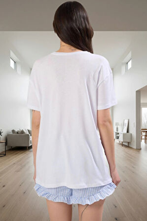 Kadın Pamuklu Pötikare Desenli Fırfırlı Pijama Takımı Mükemmel Uyum Zarif Tasarım Yüksek Kalite