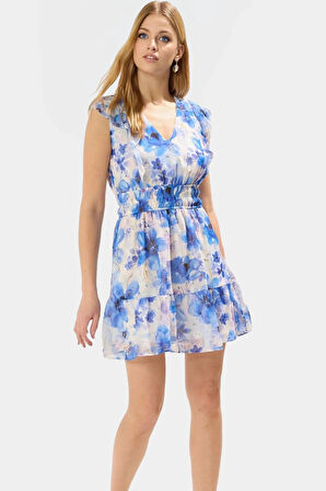 Yazlık Çiçekli Mini Elbise Şifon Dokuma Astarlı Skater Modern Stil Kaliteli İşçilik