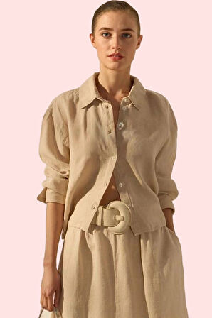 Kadın Oversize Basic Gömlek Yaka Keten Günlük Yazlık Hafta Sonu Yaz Aylarının Vazgeçilmezi