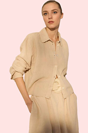 Kadın Oversize Basic Gömlek Yaka Keten Günlük Yazlık Hafta Sonu Yaz Aylarının Vazgeçilmezi
