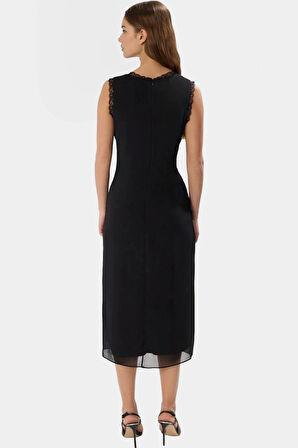 Şık A Kesim Midi Elbise Dantel Detaylı Yazlık Dokuma Kumaş Özenle Seçilmiş Konforlu