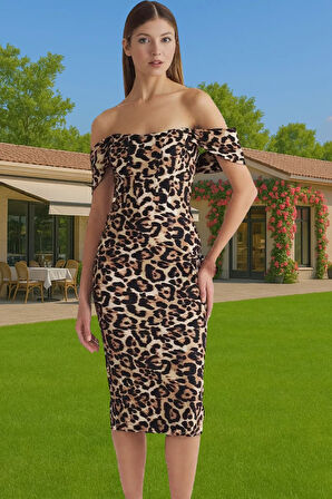 Leopar Desenli Midi Boy Bodycon Abiye Elbise Polyester Karışımlı Yazlık Yüksek Kalite Seçkin Malzeme