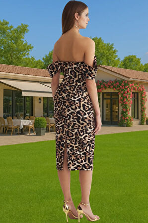 Leopar Desenli Midi Boy Bodycon Abiye Elbise Polyester Karışımlı Yazlık Yüksek Kalite Seçkin Malzeme