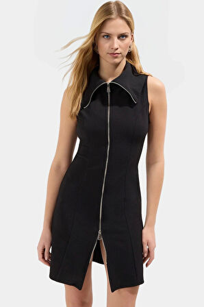 Mini Fermuarlı Elbise Dokuma Polyester Yazlık Casual Konforlu Kesim Şık Görünüm Modern Stil