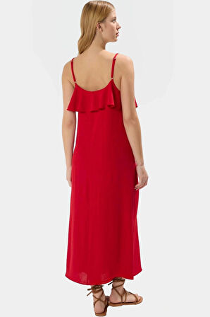 Maxi Dokuma Elbise V Yaka Fırfırlı Tasarım Günlük Yazlık Kıyafet Premium Kalite Trend