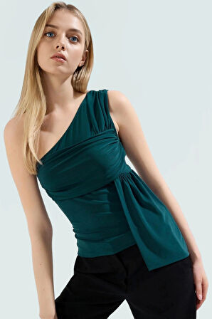 Şık Asimetrik Yaka Fitted Bluz Yazlık Polyester Elastan Kumaş Profesyonel Görünüm