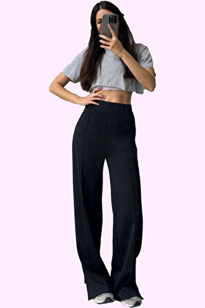 Kadın Geniş Paça Pantolon Yüksek Bel Wide Leg İnterlok Günlük Kullanım Yaz Aylarının Vazgeçilmezi