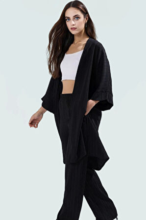Şık Kimono Pantolon Takım Viskoz Dokuma Kumaş Rahat Günlük Stil Dayanıklı Malzeme