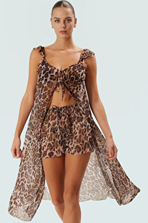 Şifon Leopar Desenli Plaj Yelek Şort Takım Yazlık Rahat Kombin Özenle Seçilmiş Uzun Ömürlü