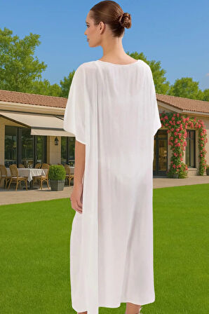 Maxi Dokuma Plaj Elbisesi Büzgü Detaylı Viskoz Yazlık Rahat Ve Şık Rahat Kullanım Şık Görünüm