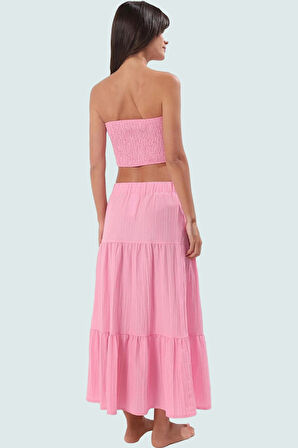 Yazlık Plaj Şıklığı Dokulu Straplez Bluz Etek Takım Zarifane Tasarım Rahat Kullanım