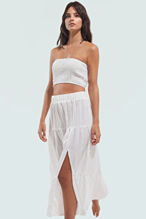 Yazlık Plaj Şıklığı Dokulu Straplez Bluz Etek Takım Zarifane Tasarım Rahat Kullanım