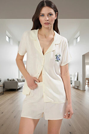 Kadın Viskoz Şortlu Pijama Takımı Nakışlı Detaylarla Rahat Ev Giyim Kullanım Konforlu Kesim