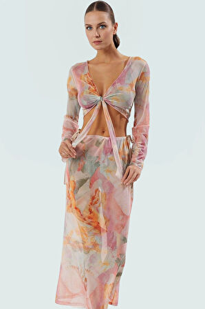 Şık Kadın Uzun Bluz Etek Plaj Takımı Örme Polyester Yazlık Yüksek Kalite Zarifane Tasarım