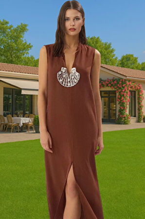 Maxi Keten Görünümlü Tek Kol Plaj Elbisesi Aksesuarlı Yazlık Özenle Seçilmiş Mükemmel Uyum