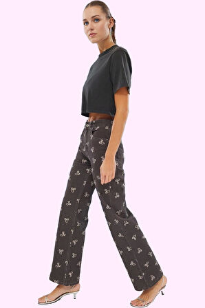 Kadın Yüksek Bel Geniş Paça Denim Pantolon Baskılı Desen Pamuk Günlük Kombinler Hafta Sonu