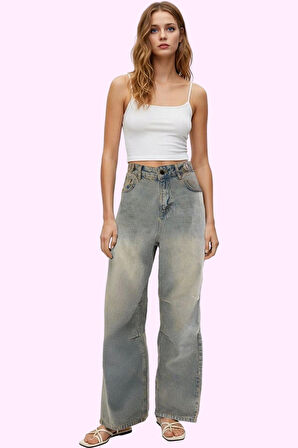 Kadın Yüksek Bel Geniş Paça Baggy Jean Pantolon Pamuk Günlük Kombinler Yaz Aylarının Vazgeçilmezi