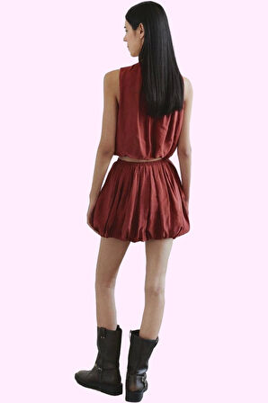 Kadın Mini Balon Etek Yüksek Bel Melfi Dokuma Yazlık Günlük Hafta Sonu Yaz Aylarının Vazgeçilmezi