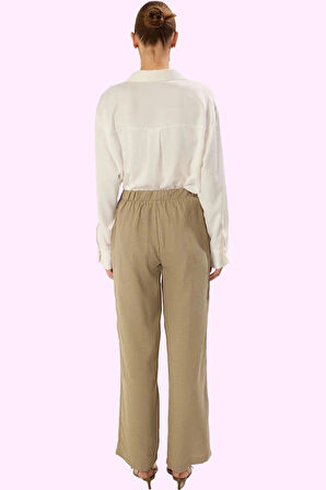 Kadın Geniş Paça Keten Görünümlü Dokuma Pantolon Yüksek Bel Günlük Kullanım Modern Tasarım