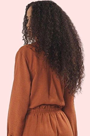 Kadın Keten Görünümlü Gömlek Yaka Uzun Kollu Basic Siluet Günlük Kullanım Kaliteli Malzeme