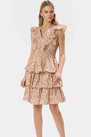 Çiçekli Mini Elbise %Pamuk Poplin Kumaş Skater Kalıp Yazlık Uzun Ömürlü Rahat Kullanım