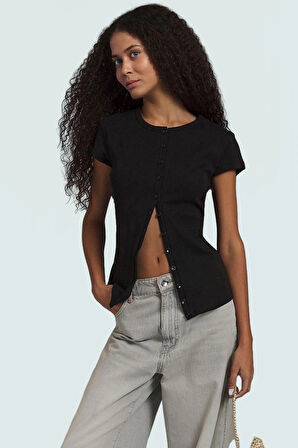 Kadın Bisiklet Yaka Kısa Kollu Pamuklu Örme Bluz Profesyonel Görünüm Seçkin Malzeme