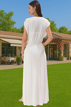 Maxi Örme Derin V Yaka Tek Kol Plaj Elbisesi Viskoz Elastan Yazlık Kaliteli İşçilik Konforlu Kesim