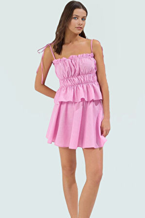 Flamlı Pamuk Askılı Bluz Etek Plaj Takımı Yazlık Rahat Mini Günlük Kullanım İçin Seçkin Malzeme