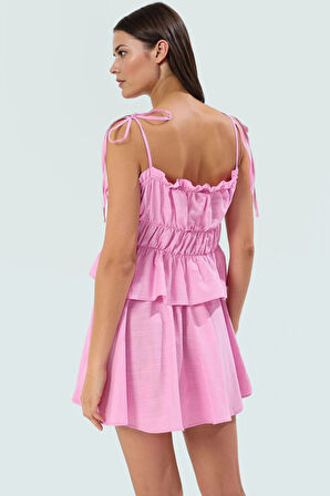 Flamlı Pamuk Askılı Bluz Etek Plaj Takımı Yazlık Rahat Mini Günlük Kullanım İçin Seçkin Malzeme