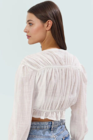 Yazlık Keten Görünümlü Plaj Bluz Büzgü Detaylı Kadın Özenle Seçilmiş Yüksek Kalite