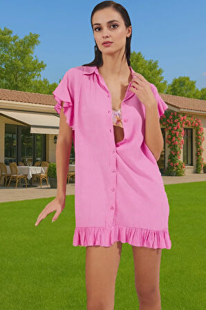 Yazlık Kadın Bisiklet Yaka Kısa Volanlı Plaj Elbisesi Crinkle Dokuma Rahat Ve Şık Dayanıklı Malzeme