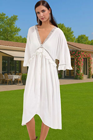 Maxi Dokuma Volanlı Plaj Elbisesi Viskoz Polyester Yaz Yüksek Kalite Konforlu Kesim Modern Stil