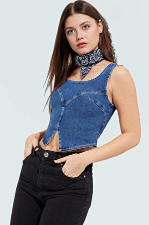 Kadın Denim Fitted Crop Bluz Yazlık Günlük Stil Kullanım İçin Rahat