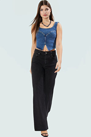 Kadın Denim Fitted Crop Bluz Yazlık Günlük Stil Kullanım İçin Rahat