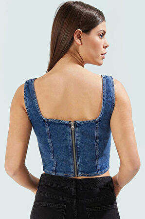 Kadın Denim Fitted Crop Bluz Yazlık Günlük Stil Kullanım İçin Rahat