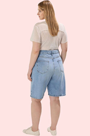 Kadın Denim Şort Yüksek Bel Straight Fit Kısa Boy Pamuklu Günlük Kullanım Kaliteli Malzeme