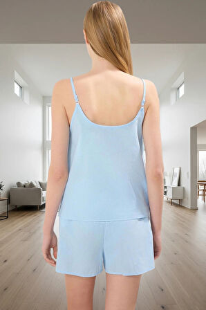 Kadın Yazlık %100 Pamuklu Pijama Takımı İnce Askılı Havuz Yaka Atlet ve Şort Yüksek Kalite