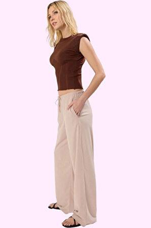 Kadın Yüksek Bel Geniş Paça Straight Pantolon Bağlama Detaylı Günlük Kullanım Modern Tasarım