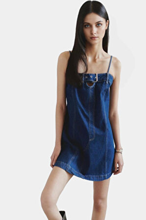 Yazlık Denim Mini Elbise A line Kalıp Straplez Yaka Metal Toka Özenle Seçilmiş