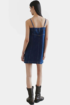 Yazlık Denim Mini Elbise A line Kalıp Straplez Yaka Metal Toka Özenle Seçilmiş
