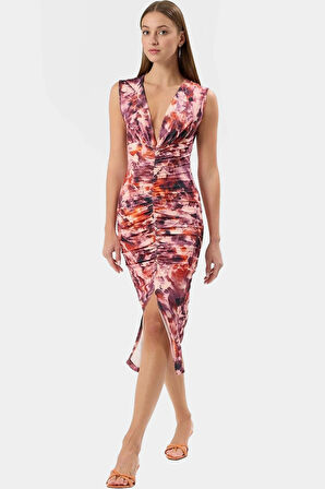 Şık Bodycon V Yaka Örme Midi Elbise Polyester Elastan Kumaştan Gündüz Ve Gece Rahat Kullanım